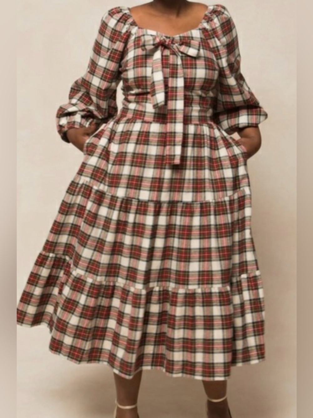 Ivy City Co Plaid Tie-Front Midi Dress in Red, Cream, and Green
